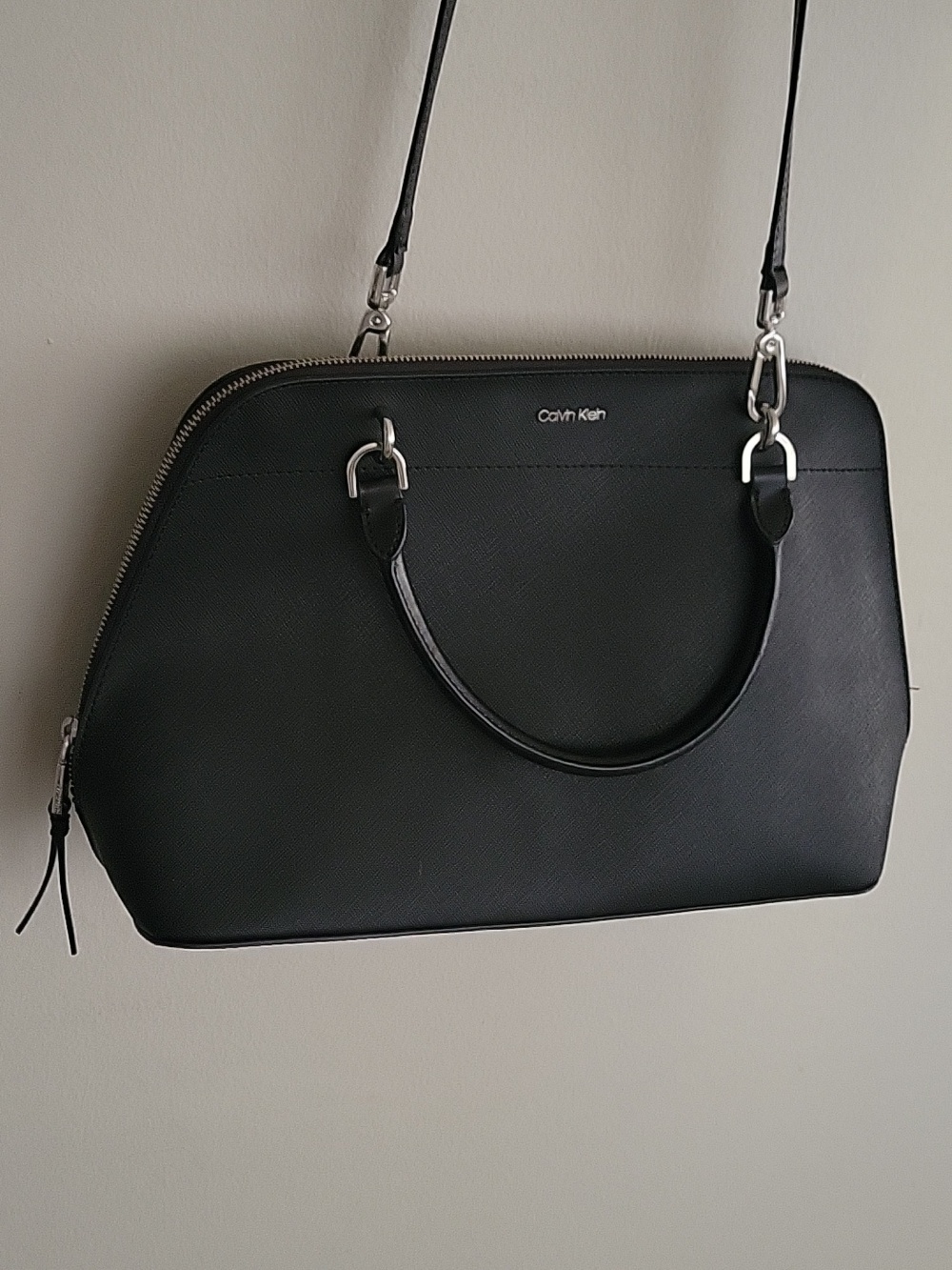 Calvin Klein Black Structured Saffiano Dome Satchel Handbag